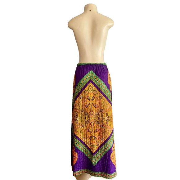 Vintage 70s Quilted Maxi Skirt by Loomtogs Bohemian Size S M in Purple Orange. - Picture 6 of 10